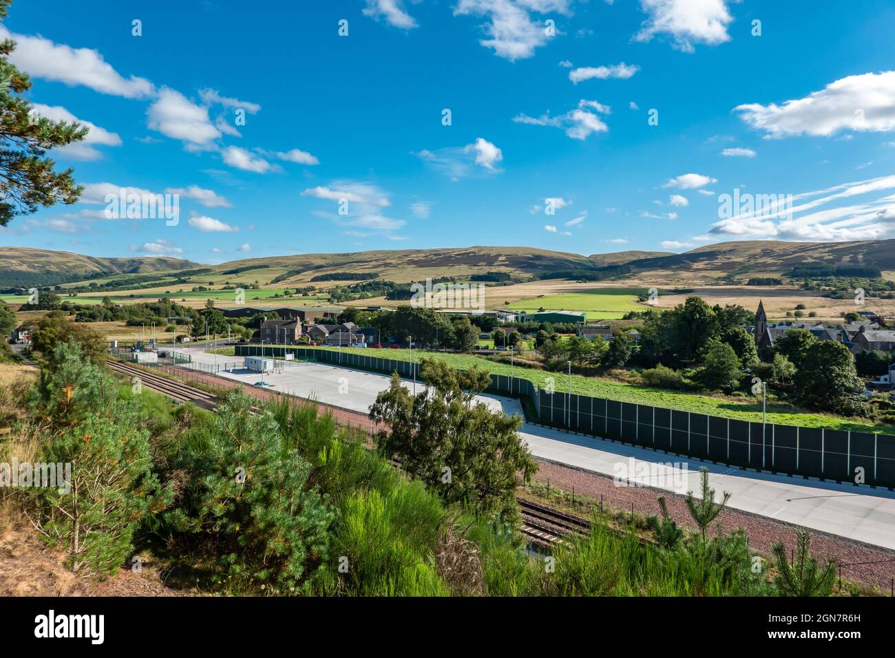 Blackford Rail Freight Facility für Highland Spring in Blackford Perth & Kinross Scotland UK von der Nordseite der Anlage aus gesehen Stockfoto
