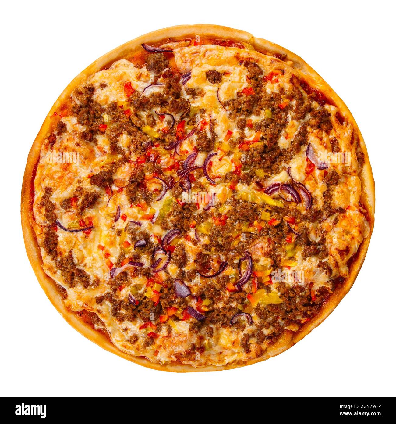 Isolierte Pizza mit Hackfleisch und Tomaten Stockfoto