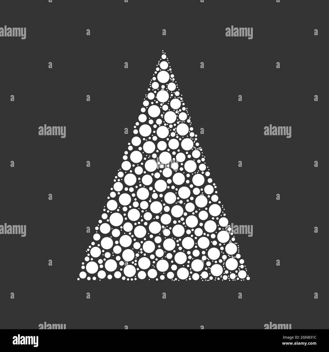 Einfacher abstrakter Christbaum aus Punkten oder Kreisen in einer Dreiecksform. Sieht aus wie Pyramid von Schneebällen. Weiße Abbildung auf grauem Hintergrund. Stock Vektor