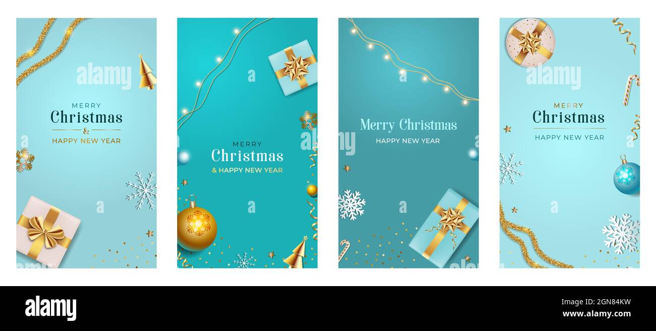 Weihnachtsvorlage für Social-Media-Geschichten. Story Xmas Hintergrund mit realistischen Geschenkboxen, blauen und goldenen Kugeln. Vertikales Neujahrsbanner, Pos. Stock Vektor