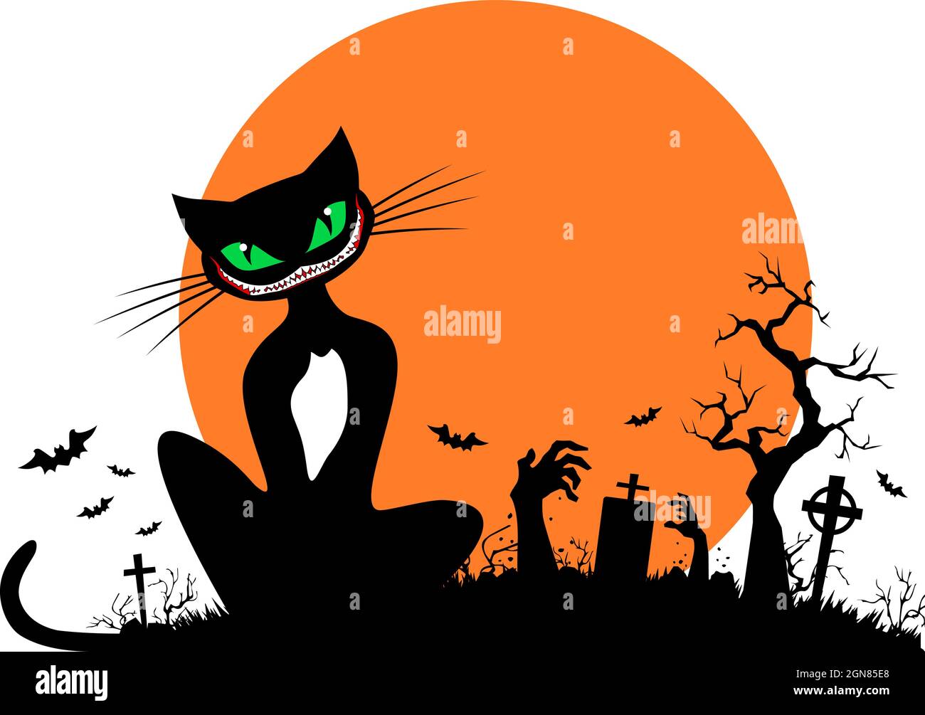 Schwarze Katze vor dem Hintergrund eines Vollmondes mit Fledermäusen und Friedhof mit Zombie-Händen. Halloween Elemente zur Dekoration von Flyer, Einladung, gre Stock Vektor