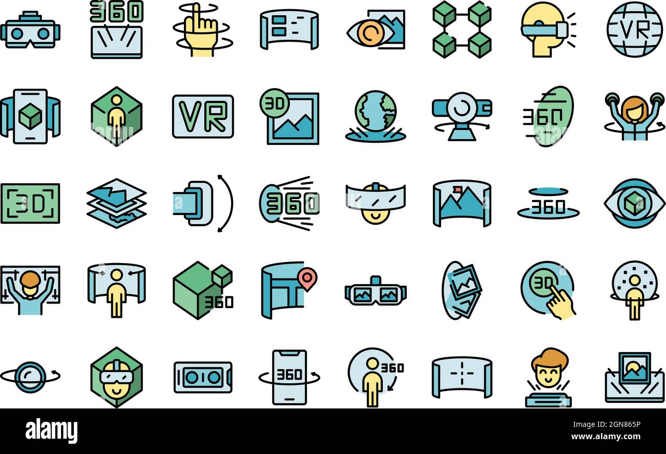 Symbole für virtuelle Touren legen den Umrissvektor fest. Videopfeil. App-Design Stock Vektor