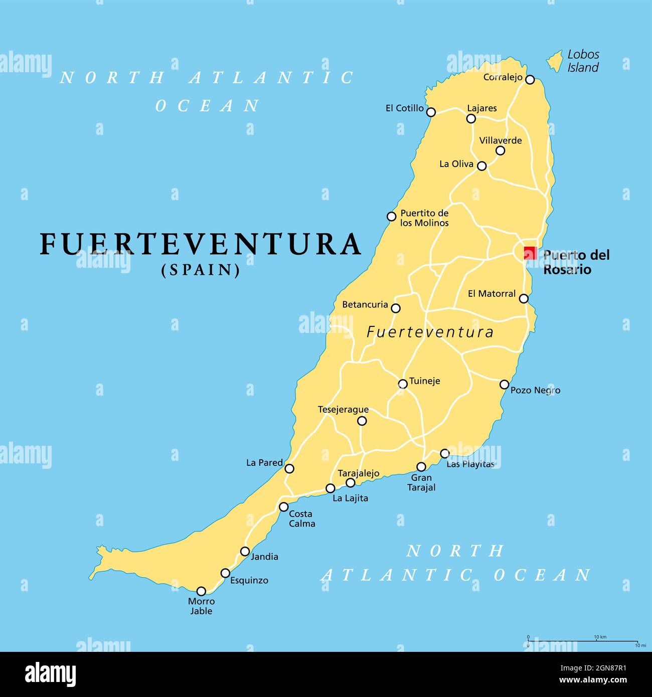 Fuerteventura Insel, politische Karte, mit Hauptstadt Puerto del Rosario. Eine der Kanarischen Inseln, eine Inselgruppe und autonome Gemeinschaft Spaniens. Stockfoto