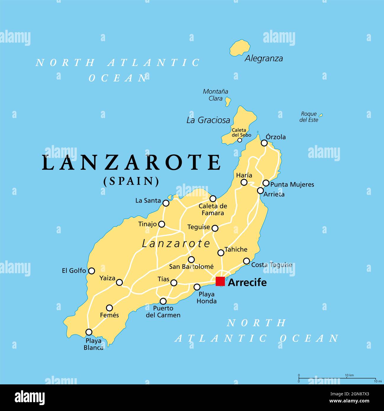 Lanzarote, politische Landkarte mit der Hauptstadt Arrecife. Nördlichste und östlichste Insel der Kanarischen Inseln, Archipel und autonome Gemeinschaft Spaniens. Stockfoto