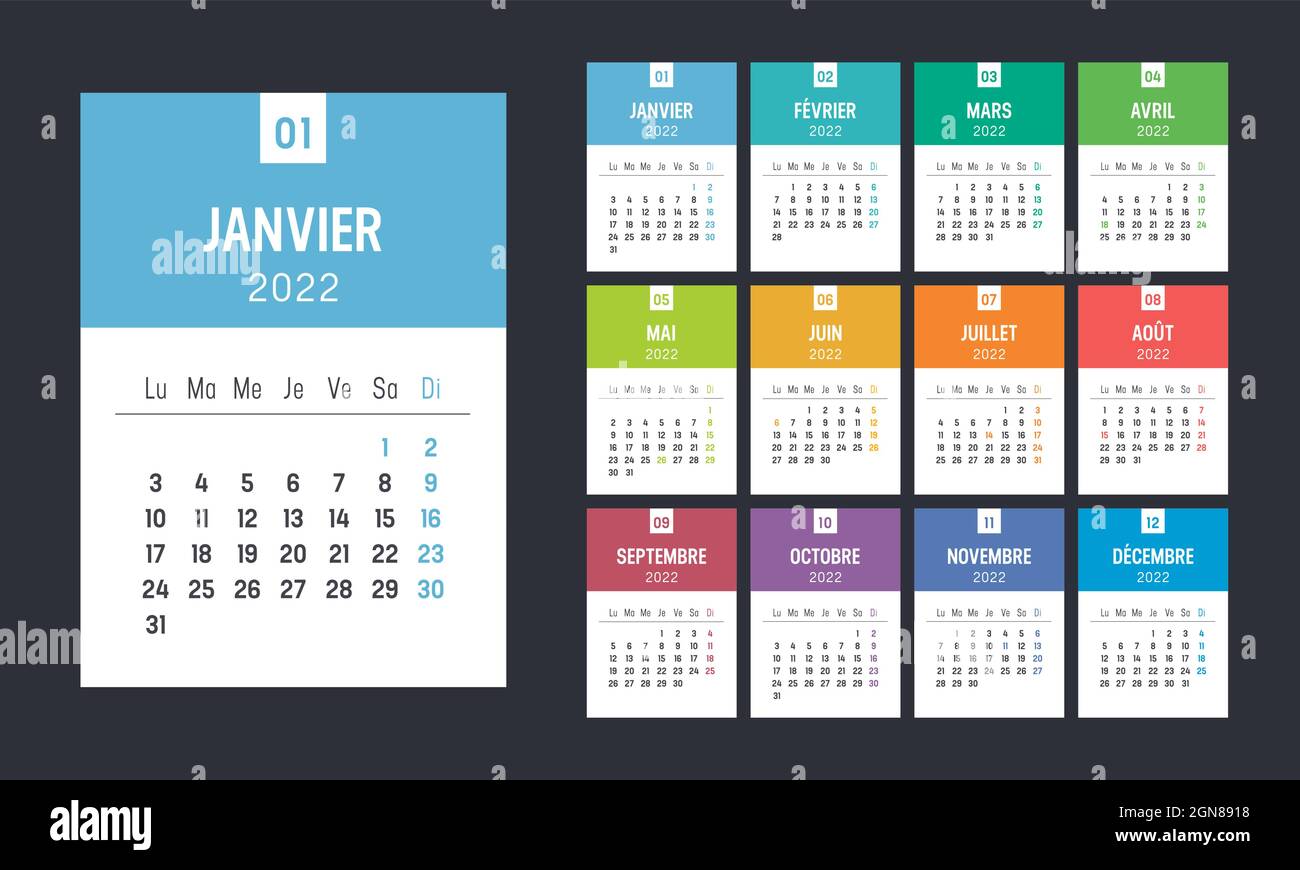 Jahr 2022 farbenfroher minimalistischer Monatskalender, in französischer Sprache, auf schwarzem Hintergrund. Vektorvorlage. Stock Vektor