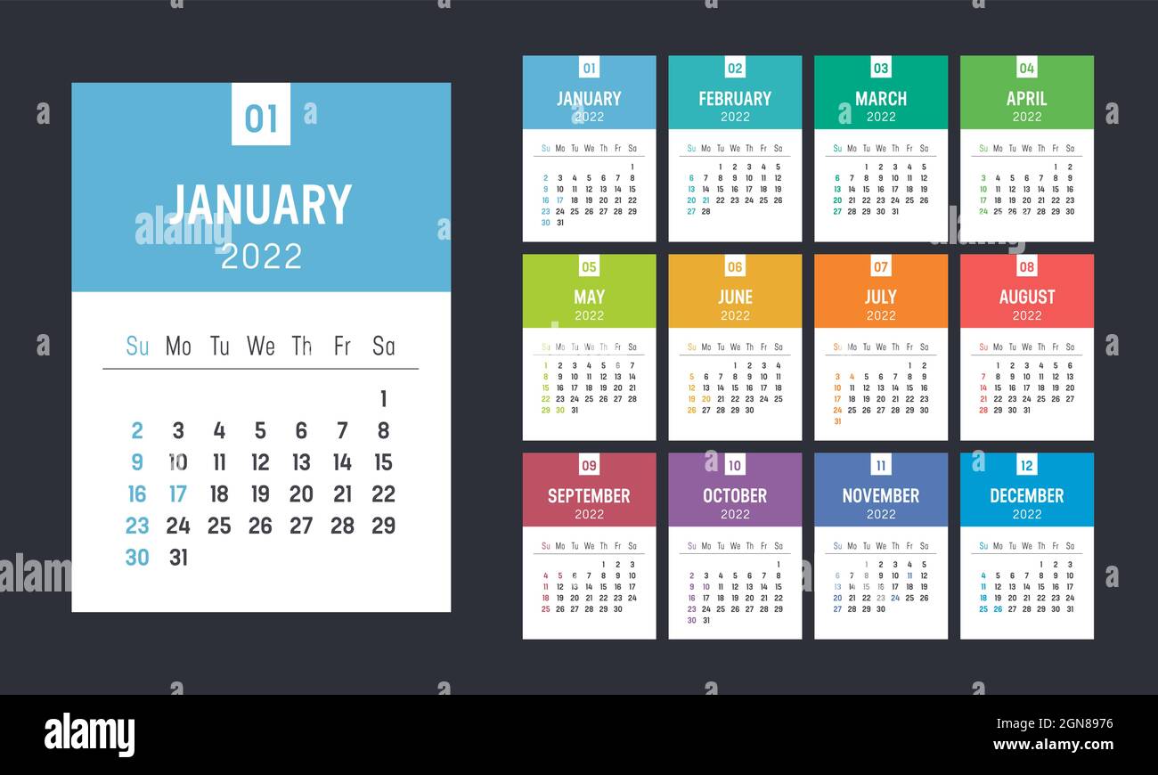 Jahr 2022 farbenfroher minimalistischer Monatskalender auf schwarzem Hintergrund. Die Woche beginnt am Sonntag. Vektorvorlage. Stock Vektor