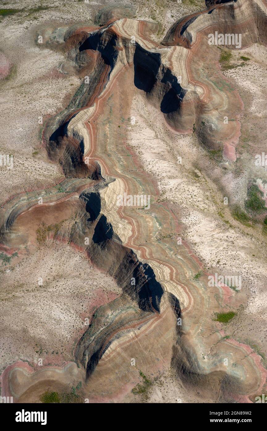 Luftaufnahme von erodierten Felsformationen im Badlands National Park, South Dakota. Stockfoto