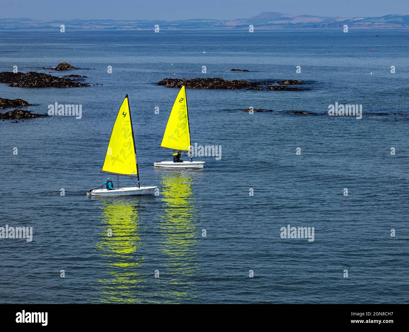 Segeljollen mit leuchtend gelben Segeln in Sonnenschein, die sich im Wasser spiegeln, Firth of Forth, Schottland, Großbritannien Stockfoto