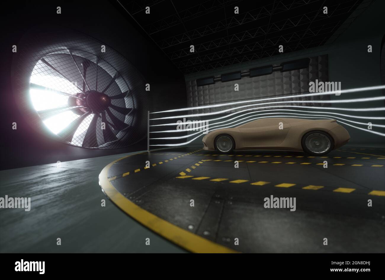 3D-Illustration eines imaginären Sportwagens. Konzeptioneller Prototyp im aerodynamischen Tunnel. Stockfoto