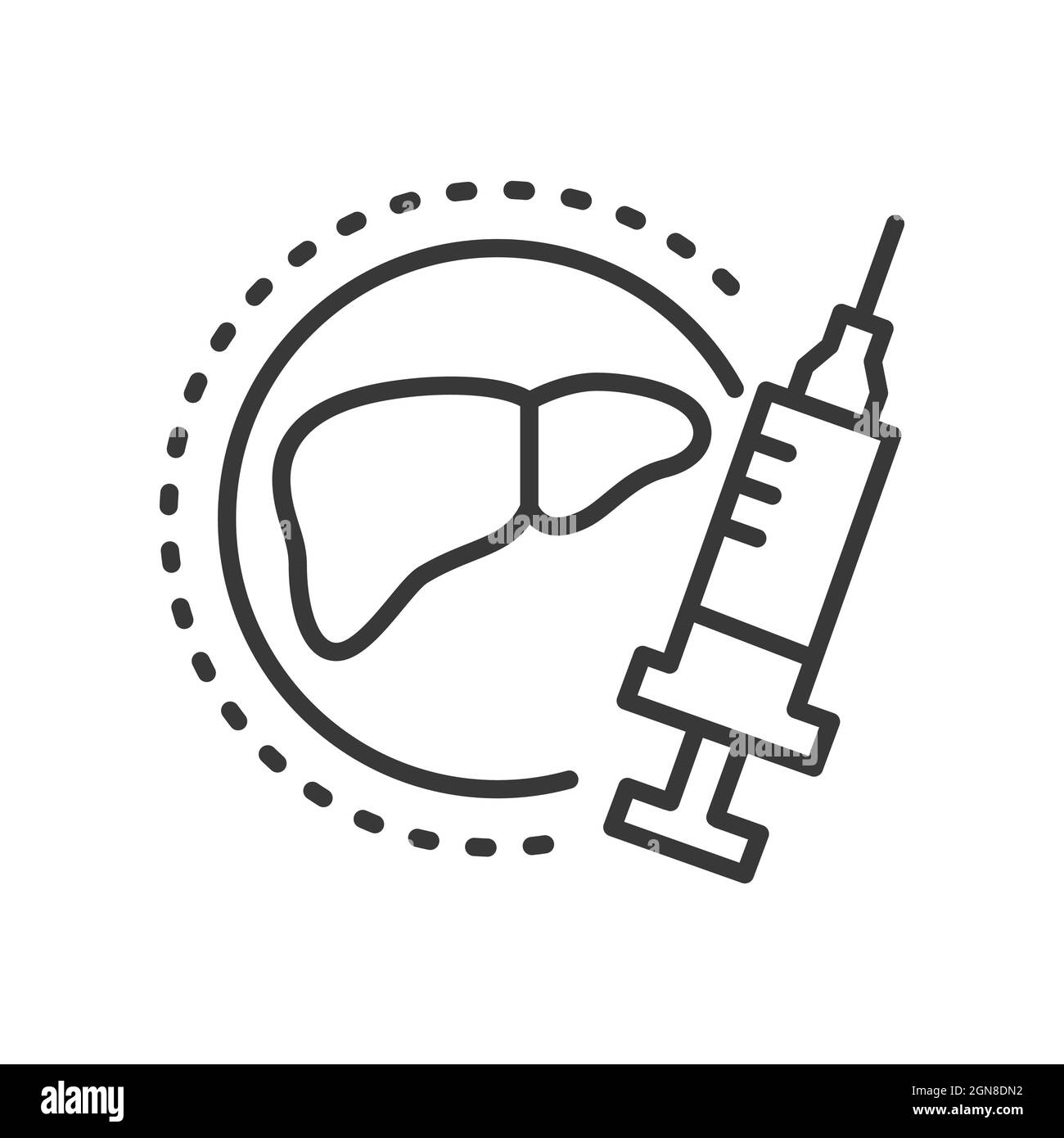 Hepatitis-Impfstoff - Vektorlinien-Design einzelnes isoliertes Symbol auf weißem Hintergrund. Hochwertiges schwarzes Piktogramm. Pflege und Schutz im Inneren. Injectio Stock Vektor