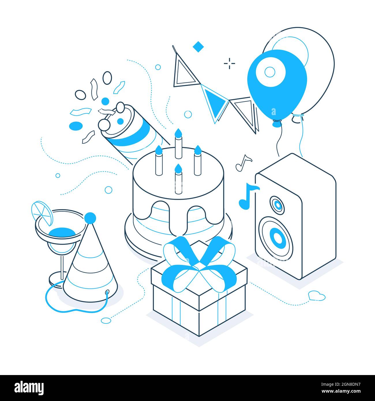 Geburtstagsfeier - schwarz und blau isometrische Linie Illustration. Set von Feiertagsfeiern Symbole, Festival-Elemente. Flaggen, Hut, Kuchen, Ballons, Presen Stock Vektor