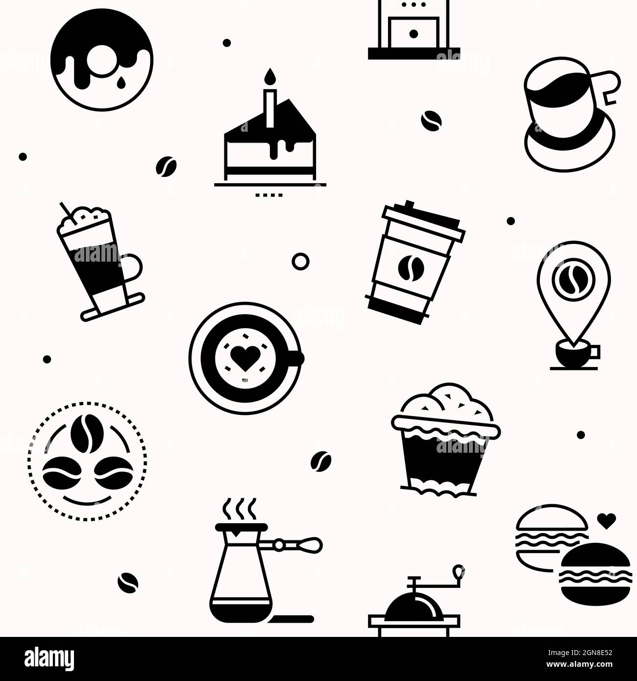 Kaffee und Süßigkeiten – Muster mit Symbolen im Liniendesign. Schwarzweißbilder. Perfekt für ein Café, Restaurant, Laden. Kaffee, Kaffeebohnen, Donut, l Stock Vektor