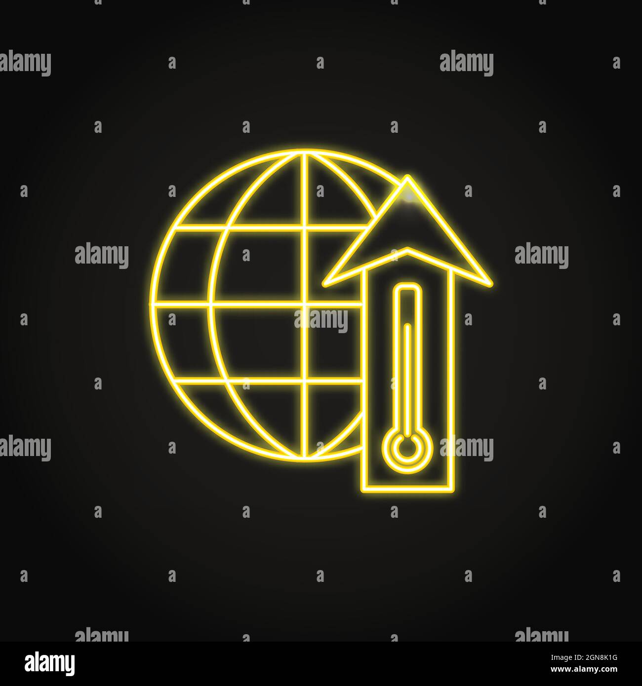 Neon-Symbol für die globale Erwärmung im Line-Stil. Temperaturanstieg auf dem Planeten Erde. Vektorgrafik. Stock Vektor