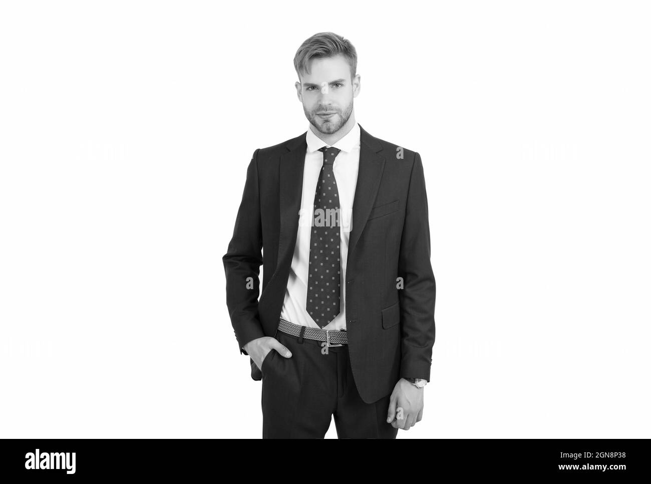 Wirklich inspirierend. Chef oder ceo isoliert auf Weiß. Projektmanager. Schöner Mann in formalwear. Geschäftsinhaber. Geschäftsmann. Formelle Mode Stockfoto