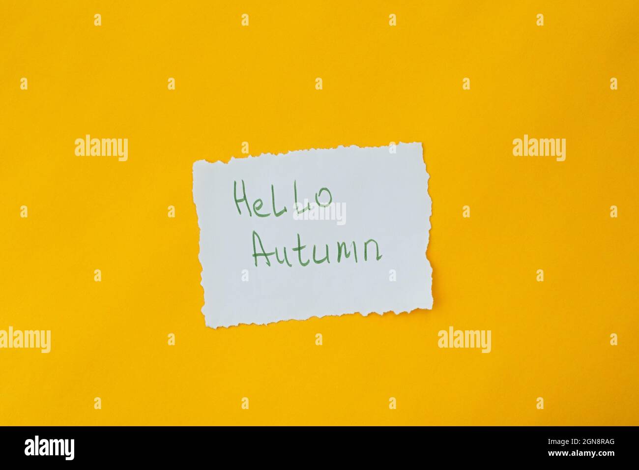 Hallo Herbst. Herbst gelber Hintergrund mit Papier vintage handgeschriebene Postkarte. Konzeptueller Minimalismus des Herbstbeginns. Kreative Mockup flach Lay Stockfoto