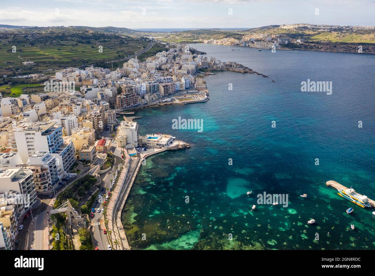 Malta, Nordregion, Saint Pauls Bay, Luftaufnahme der Küstenstadt Stockfoto