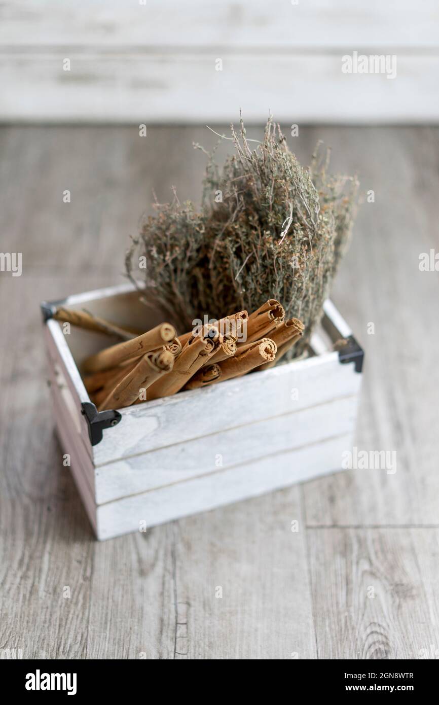 Zimtstangen und Rosmarin in weißem Holzbehälter Stockfoto