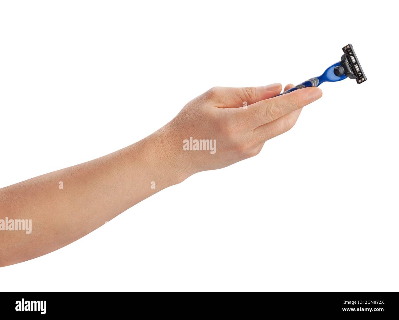 Rasiermesser in der Hand, isoliert auf Weiß Stockfoto