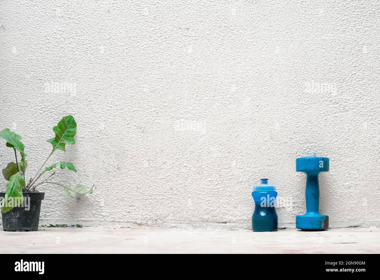 Blaue Kurzhantel und Flasche mit Wasser auf dem Boden (gebraucht, staubig und verlassen) weißer Hintergrund, Bewegung zu Hause, Platz für Text. Bewegung und Gesundheit c Stockfoto