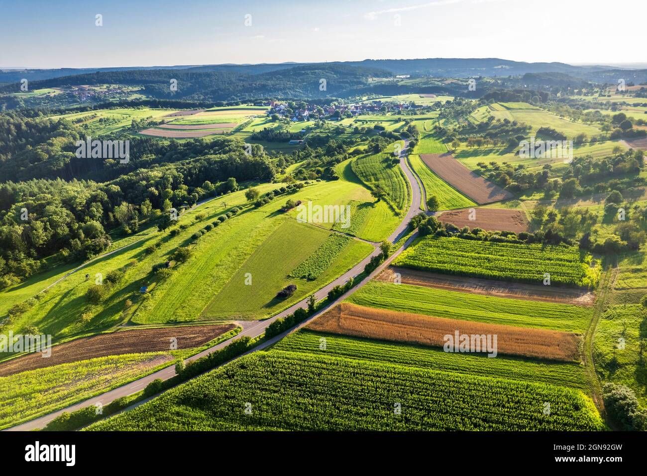 Deutschland, Baden-Württemberg, Drohne Blick auf Landstraße und grüne Landschaft im Sommer Stockfoto