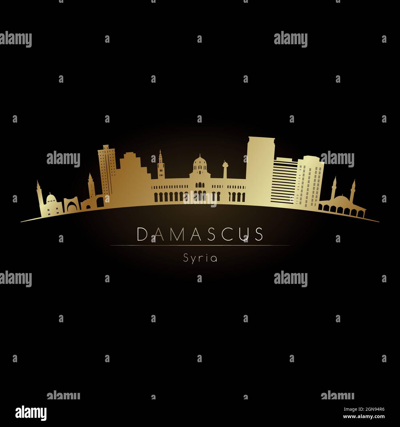Goldenes Logo, Skyline von Damaskus. Vektor-Silhouette-Illustration. Stock Vektor