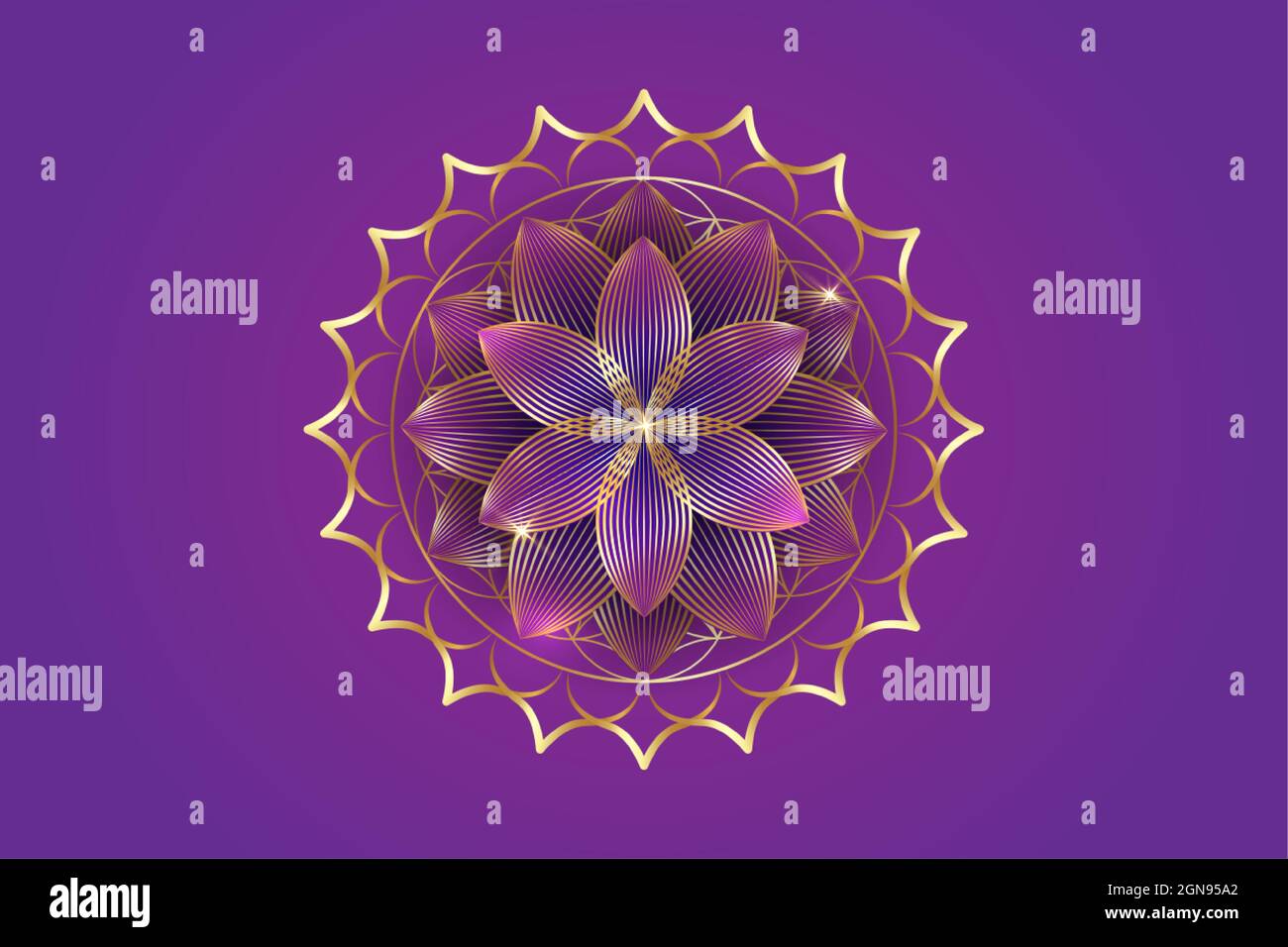 Vorlage für das siebte Chakra Sahasrara-Logo. Gold Crown Chakra Symbol, goldenen Luxus sakralen Lotus Zeichen Meditation, Blume des Lebens, Yoga rund Mandala Symbol Stock Vektor