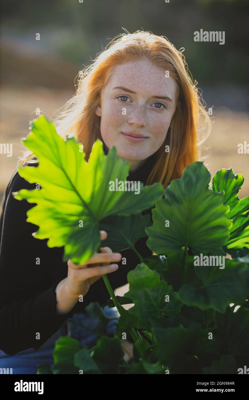 Rotschopf Frau mit grünen Topfpflanzen Blatt Stockfoto