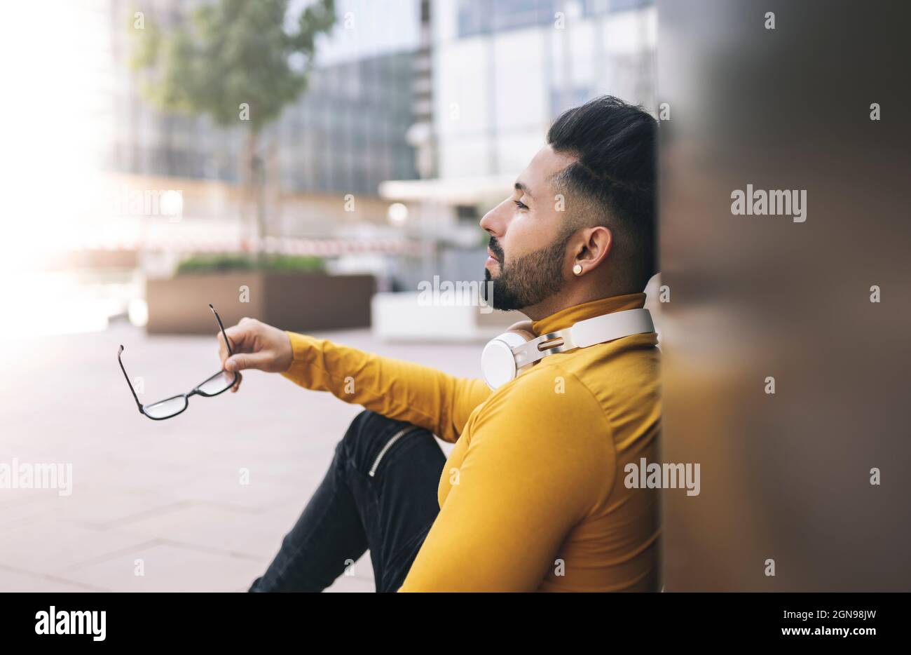 Hund sitzt auf dem Sofa mit Überwachungssymbol im Smart Home Stockfoto