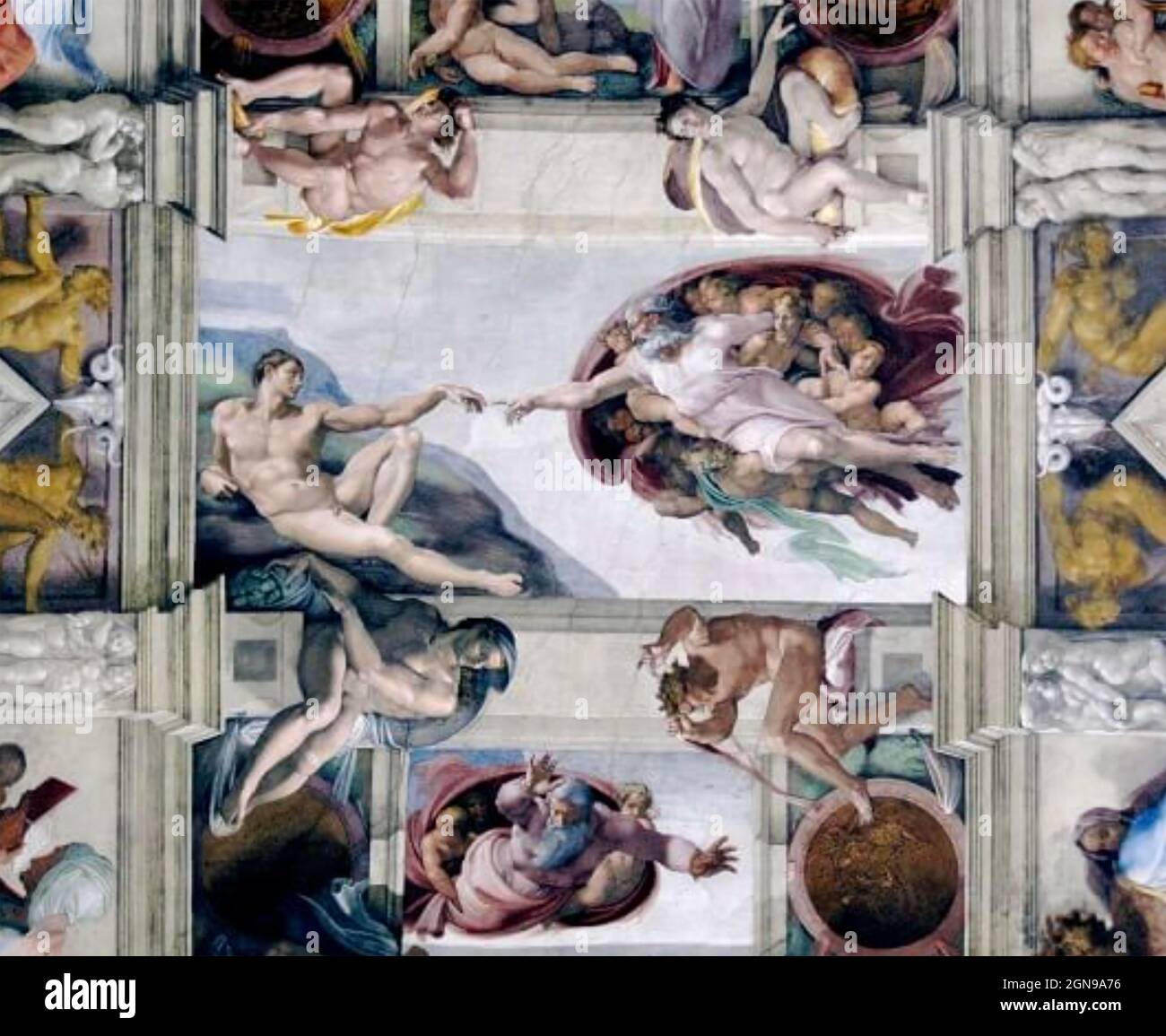 DIE SCHÖPFUNG ADAMS an der Decke der Sixtinischen Kapelle in Rom. Gemalt vom italienischen Künstler Michelangelo c 1508-12 Stockfoto