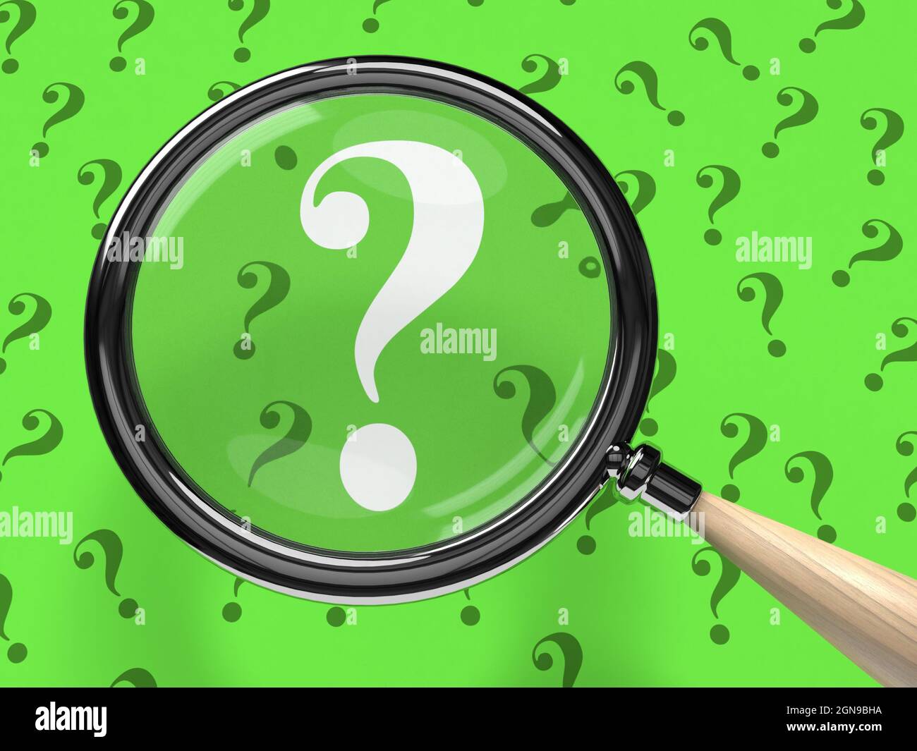Ein Fragezeichen unter einer Lupe auf grünem Hintergrund Stockfoto