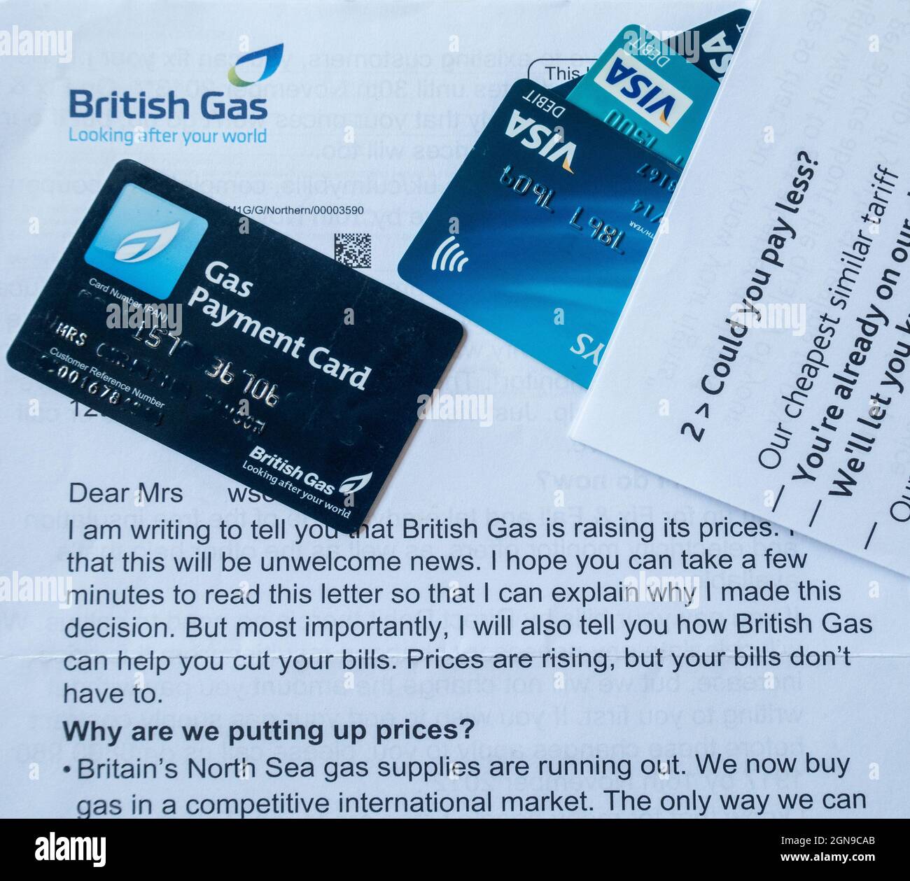 British Gas Rechnung und Zahlungskarte. Steigende Gaspreise, Energiepreise... Konzept Stockfoto