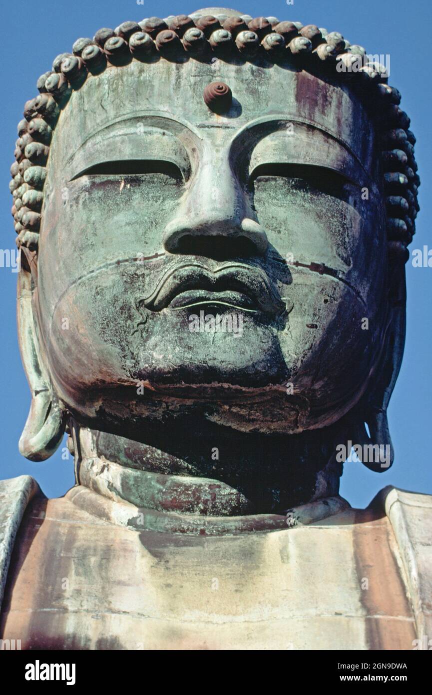 Japan. Kamakura. Kōtoku-in-Tempel. Große Buddha-Statue Kopf und Schultern. Stockfoto