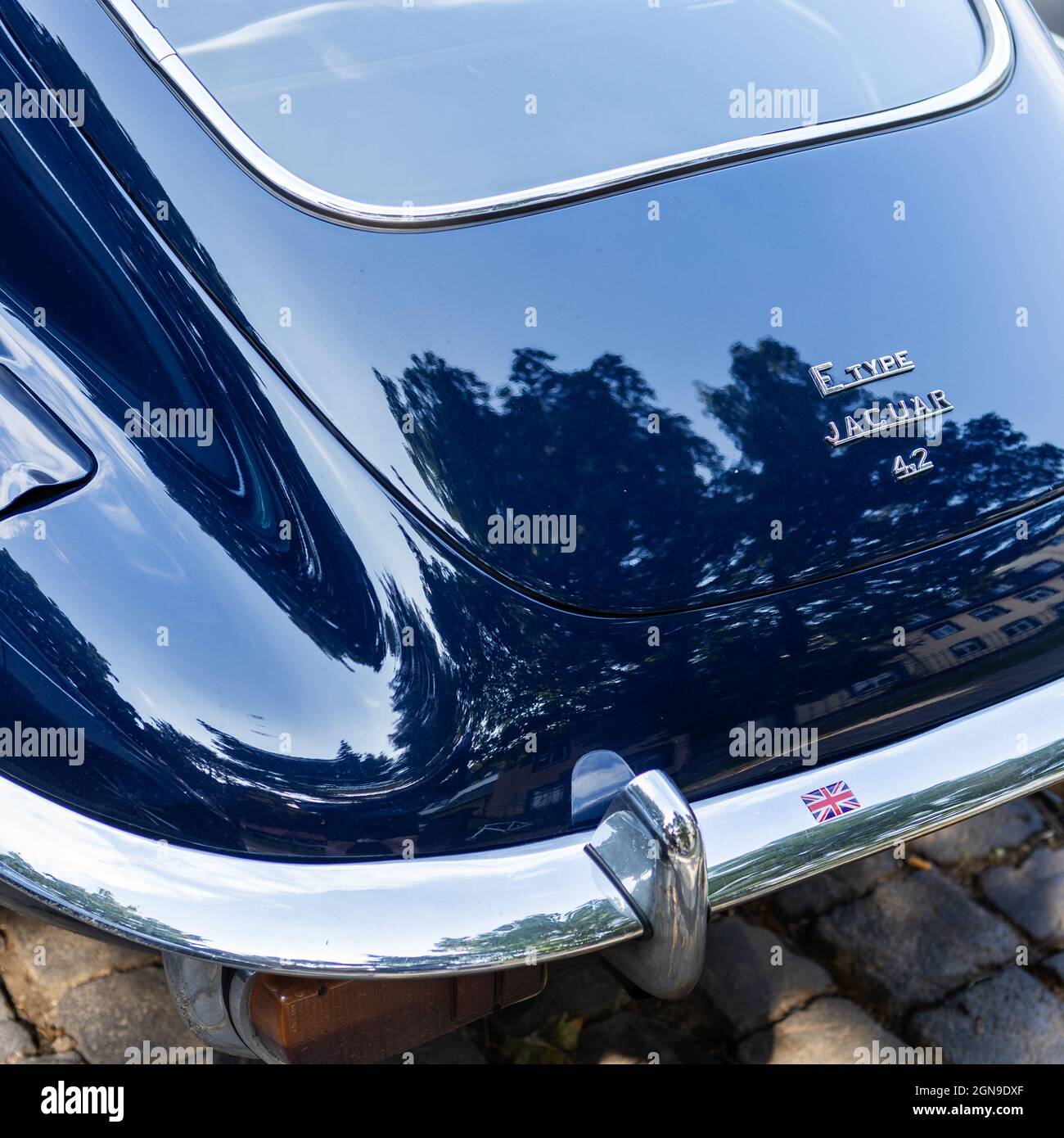 Jaguar E-Type: Typenbezeichnung auf der Rückseite Stockfoto