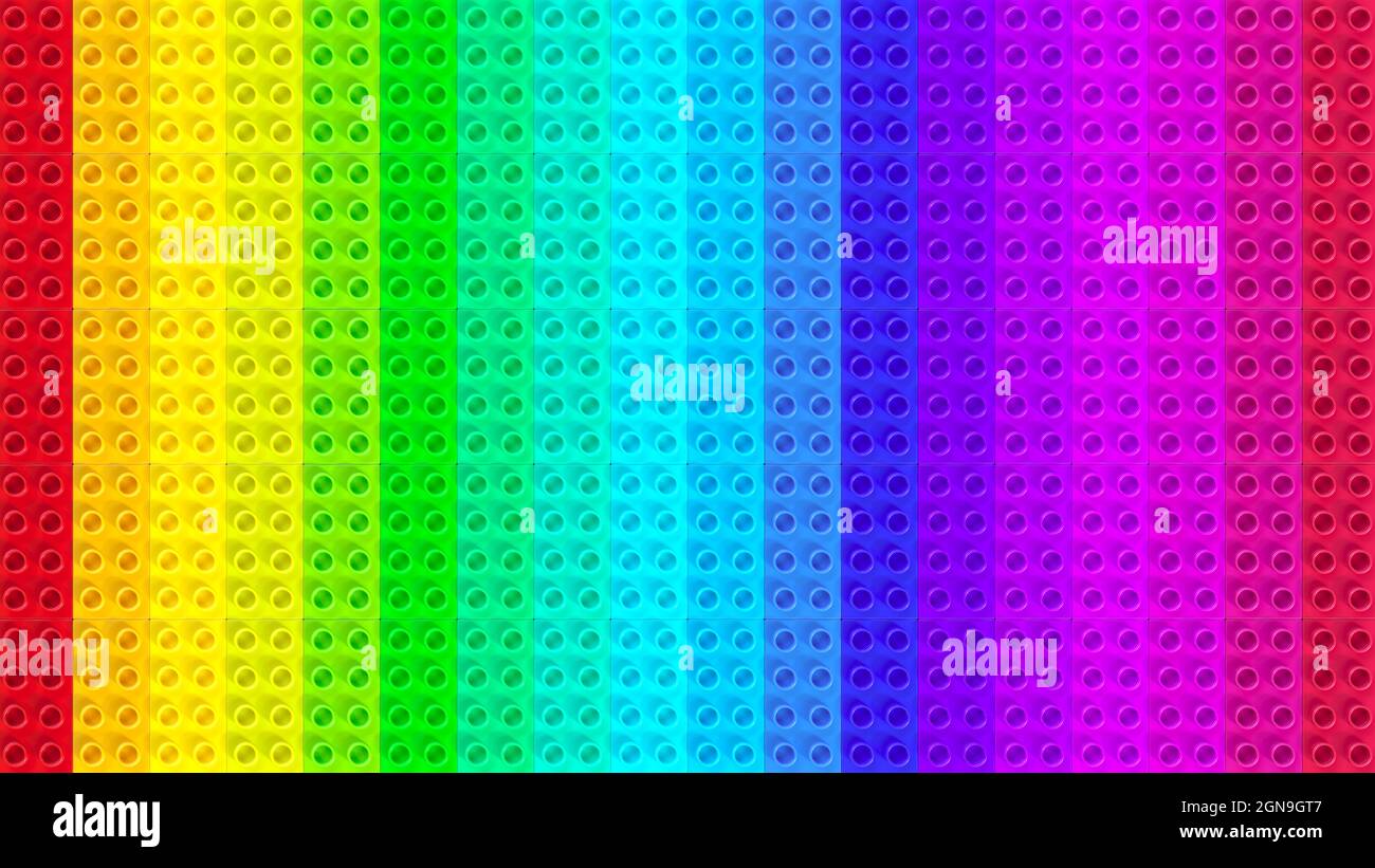 LEGO Steine in Form eines Regenbogenmusters. 3d-Abbildung, Ultra HD 8K 7680x4320 Stockfoto