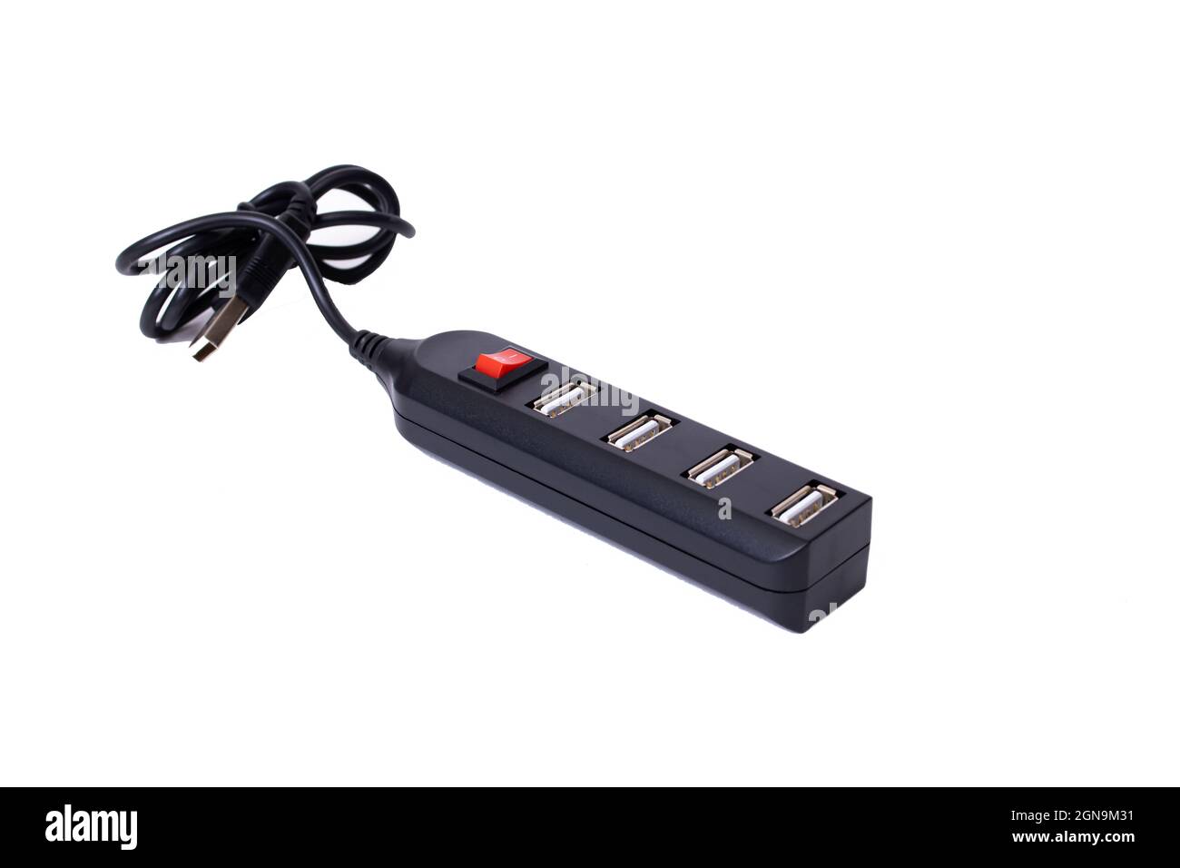 Schwarzer USB-Hub, isoliert auf weißem Hintergrund, Nahaufnahme Stockfoto