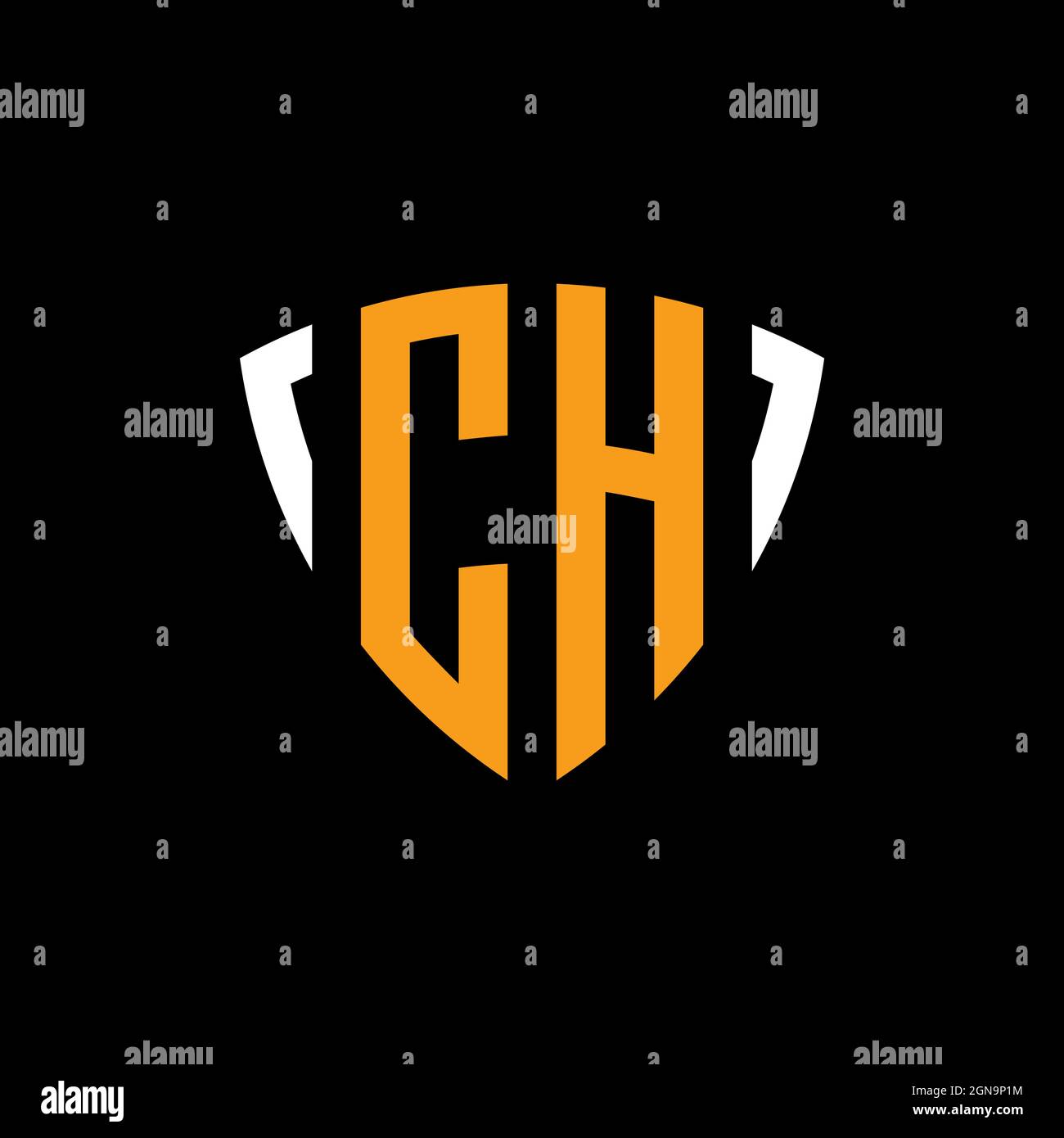 CH-Logo mit Schild weiß orange Form Designvorlage isoliert auf schwarzem Hintergrund Stock Vektor