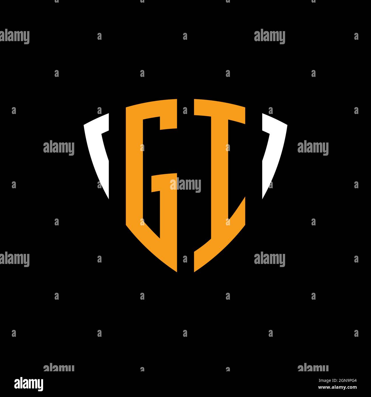 GI-Logo mit Schild weiß orange Form Designvorlage isoliert auf schwarzem Hintergrund Stock Vektor