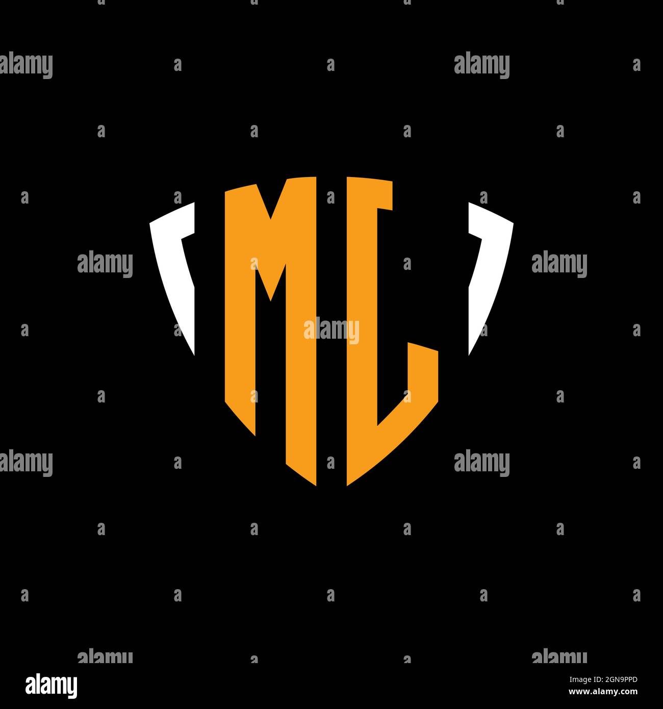 MJ-Logo mit Schild weiß orange Form Designvorlage isoliert auf schwarzem Hintergrund Stock Vektor