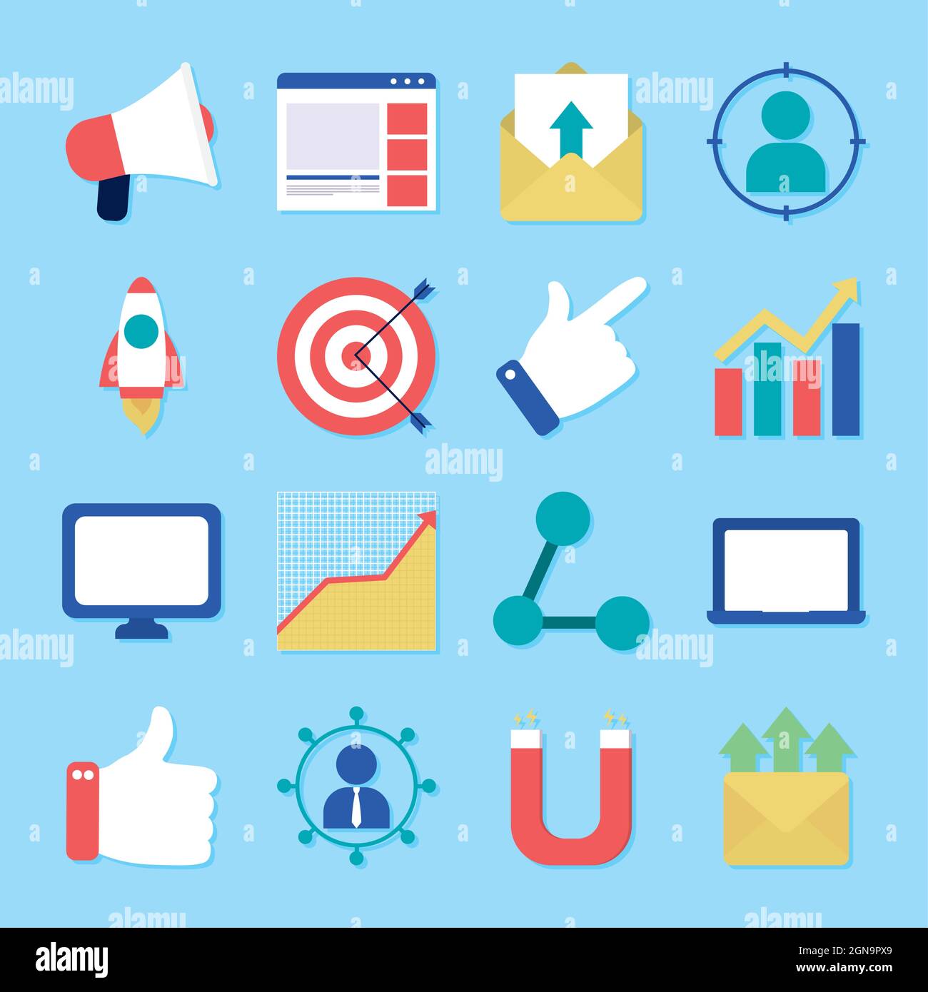 Marketingsymbol auf blauem Hintergrund Stock Vektor