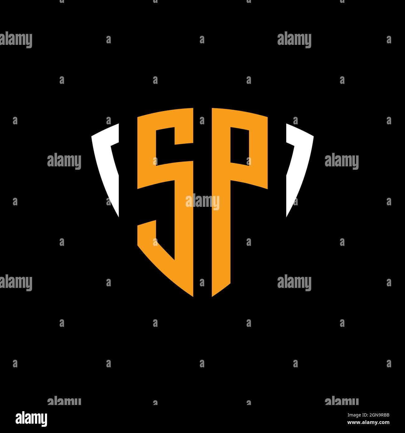 SP-Logo mit weißer, orangefarbener Designvorlage auf schwarzem Hintergrund Stock Vektor