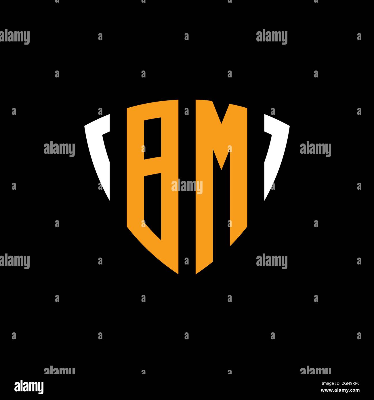 BM-Logo mit Schild weiß orange Form Design-Vorlage isoliert auf schwarzem Hintergrund Stock Vektor