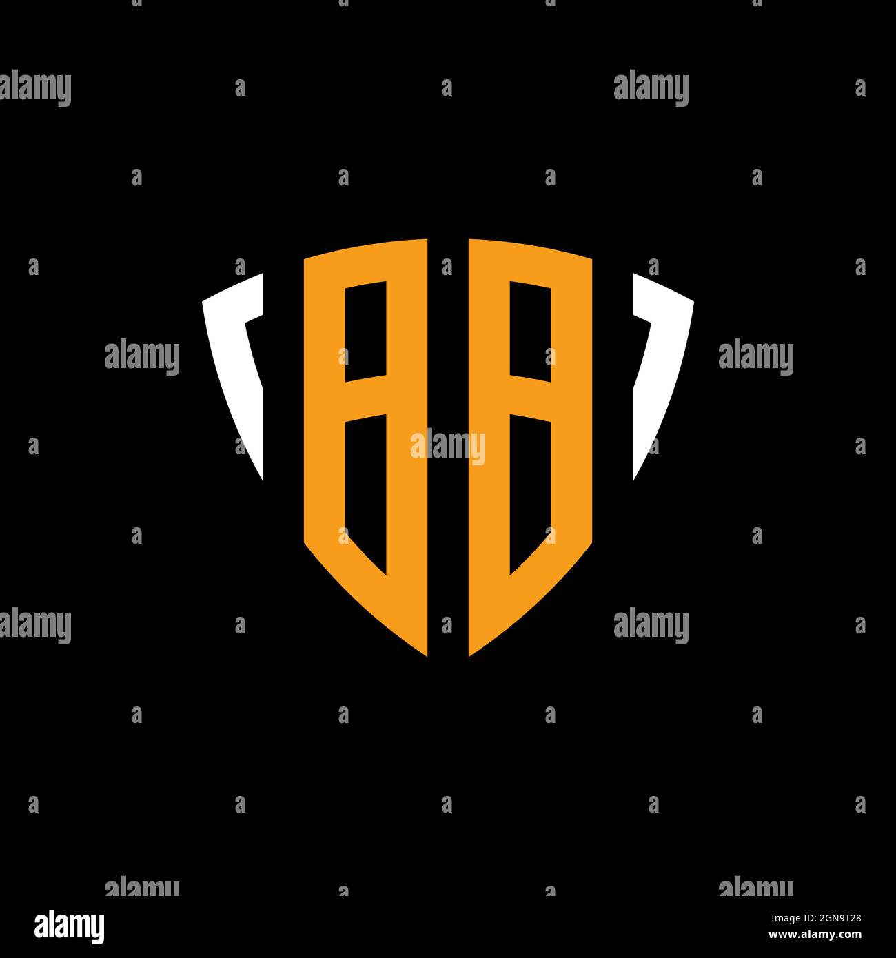 BB-Logo mit Schild weiß orange Form Designvorlage isoliert auf schwarzem Hintergrund Stock Vektor