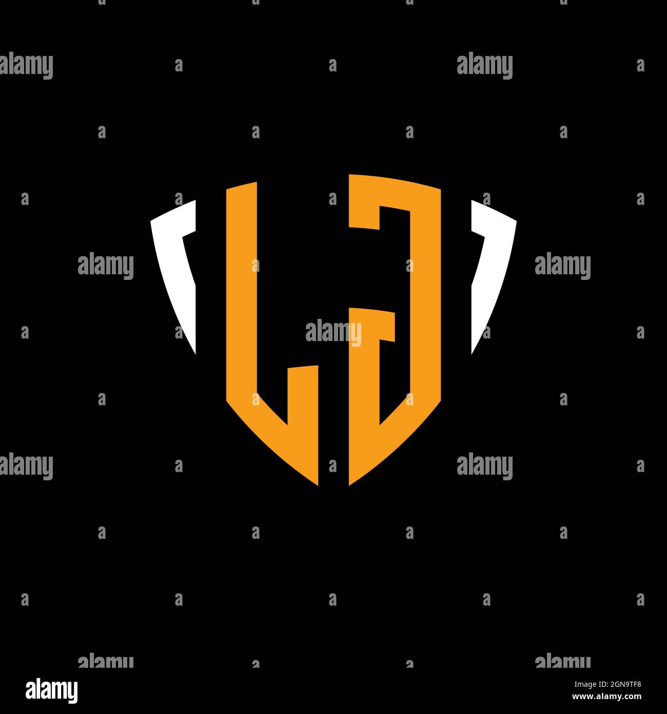 LG-Logo mit Schild weiß orange Form Designvorlage isoliert auf schwarzem Hintergrund Stock Vektor