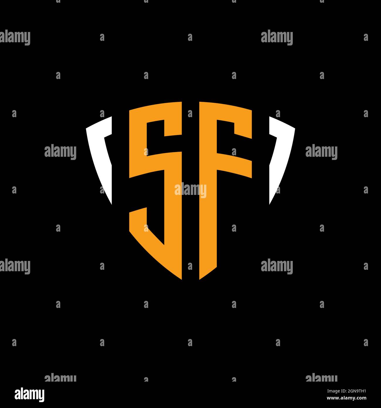 SF-Logo mit Schild weiß orange Form Designvorlage isoliert auf schwarzem Hintergrund Stock Vektor