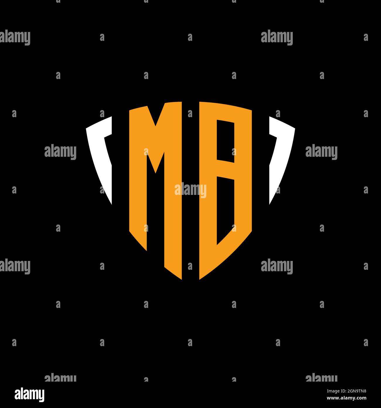 MB-Logo mit Schild weiß orange Form Designvorlage isoliert auf schwarzem Hintergrund Stock Vektor