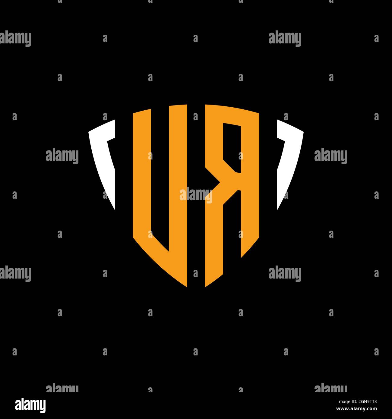 UR-Logo mit Schild weiß orange Form Designvorlage isoliert auf schwarzem Hintergrund Stock Vektor