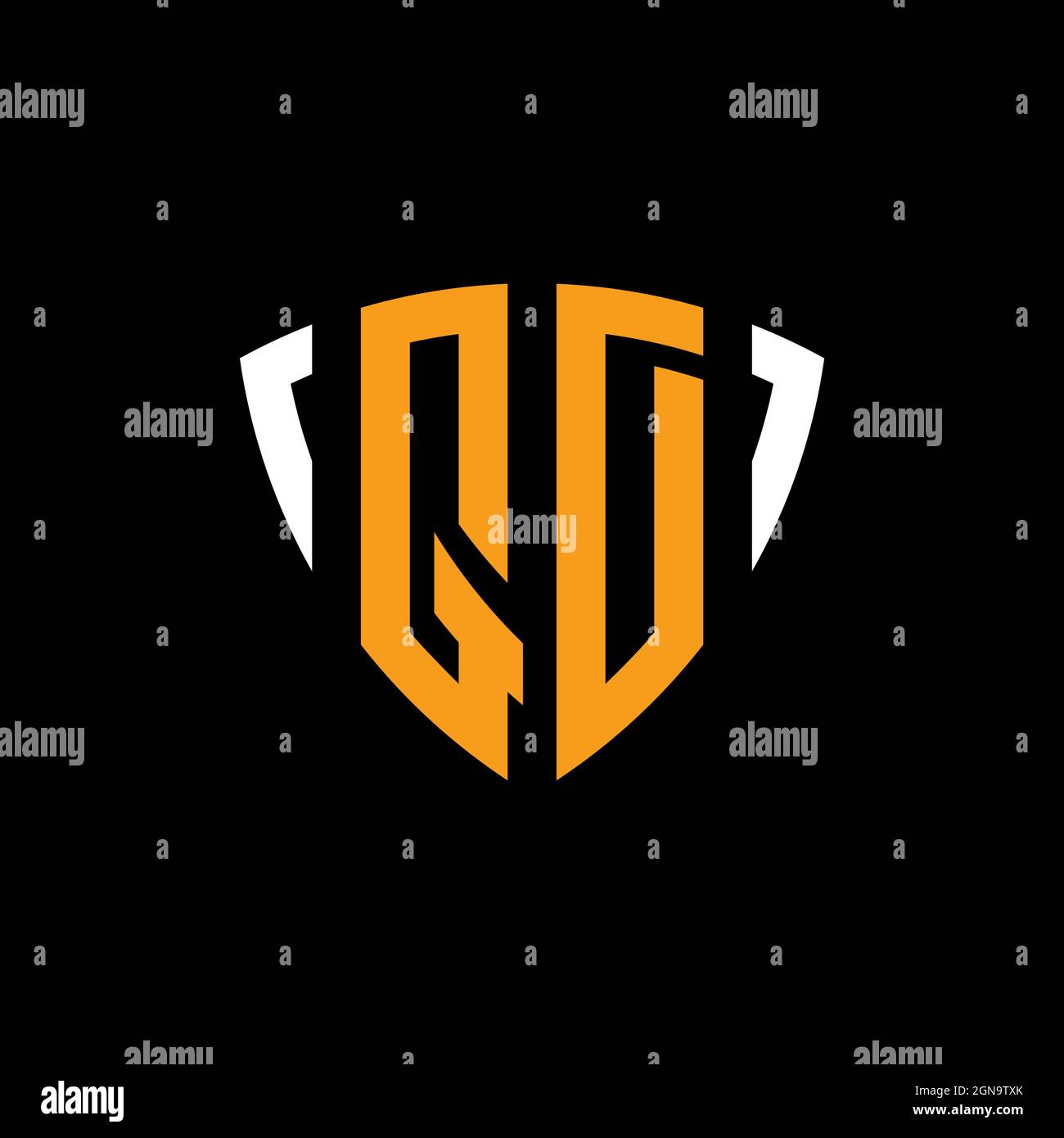 QD-Logo mit Schild weiß orange Form Designvorlage isoliert auf schwarzem Hintergrund Stock Vektor