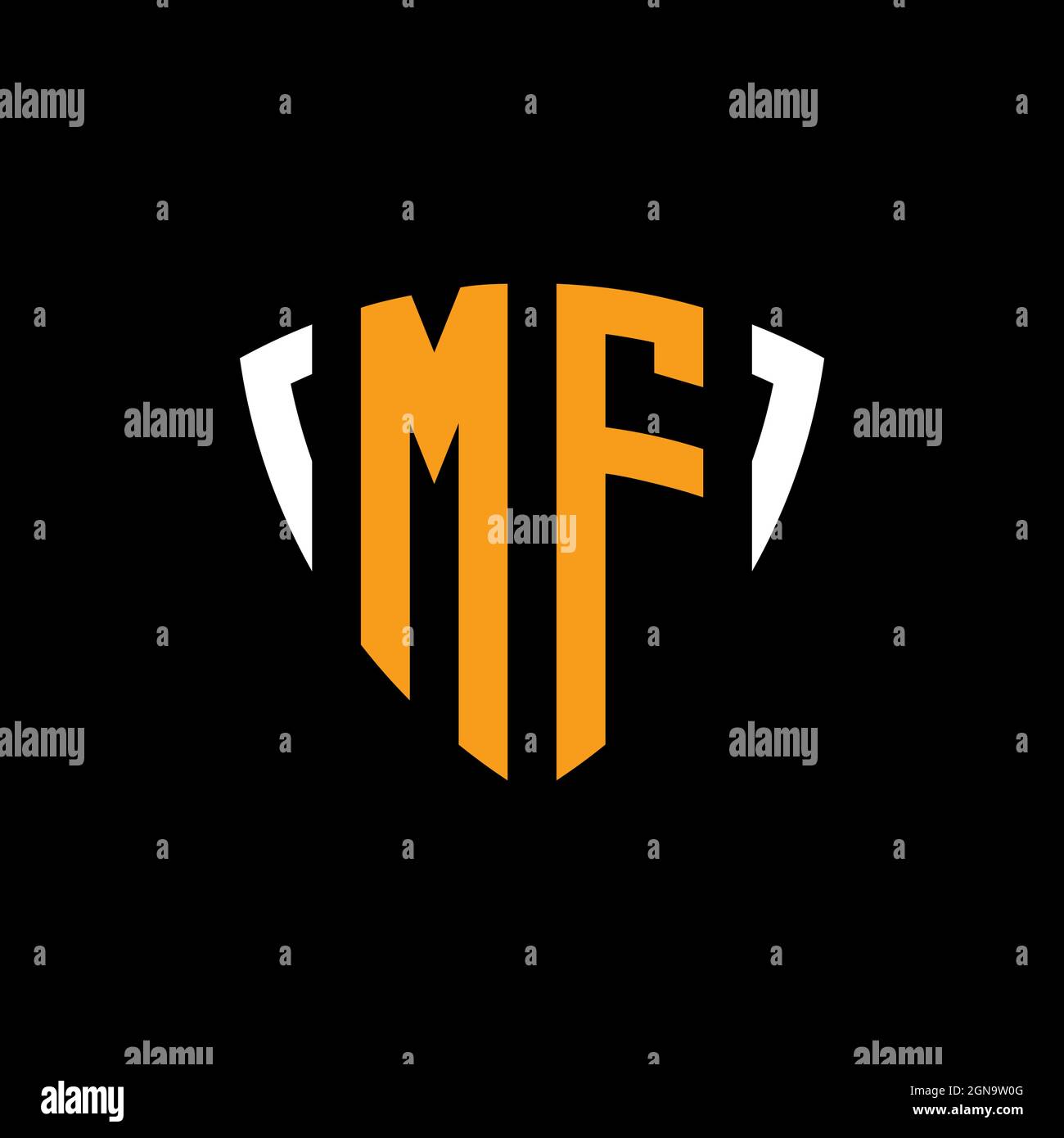 MF-Logo mit Schild weiß orange Form Designvorlage isoliert auf schwarzem Hintergrund Stock Vektor