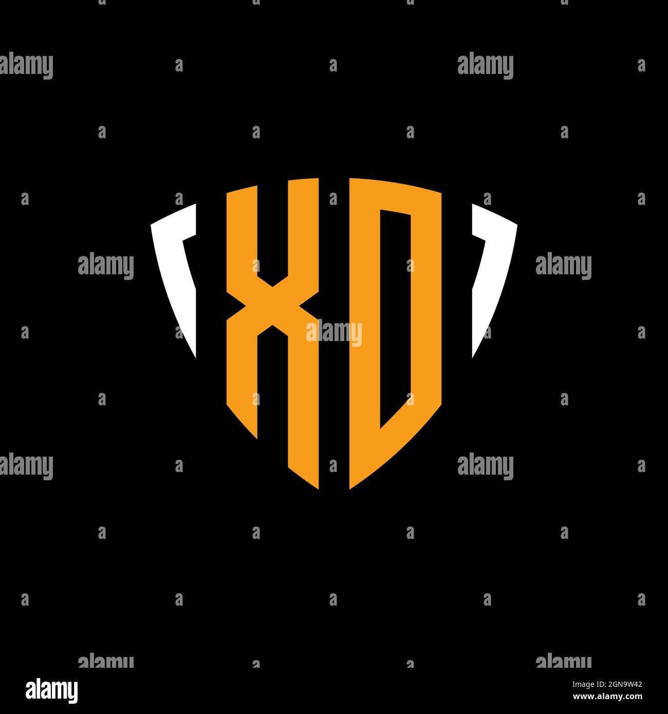 XO-Logo mit Schild weiß orange Form Designvorlage isoliert auf schwarzem Hintergrund Stock Vektor