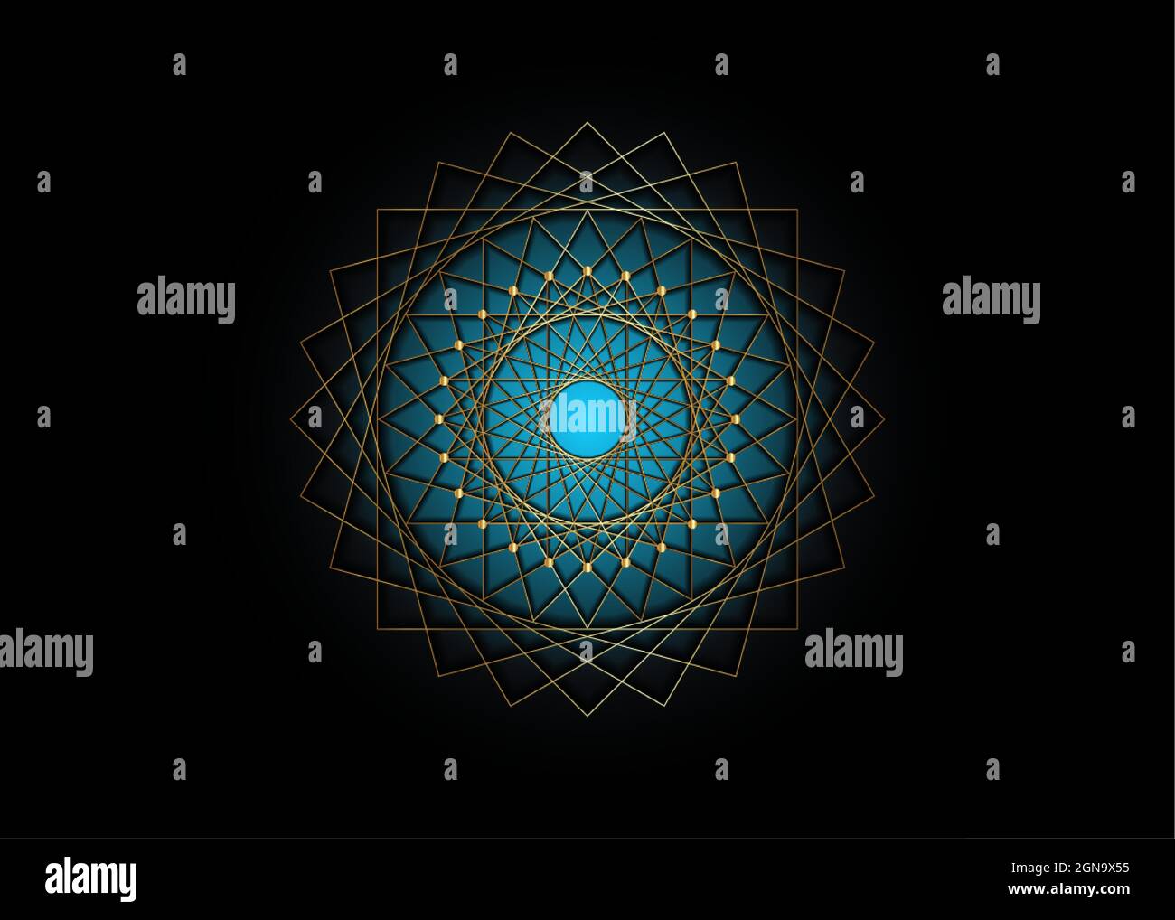 Gold Circle Mandala, Blau Heilige Geometrie, runde Rahmen Zeichen geometrische Logo-Design, Verflechtung von quadratischen und dreieckigen Formen, goldene Linie Zeichnung Stock Vektor